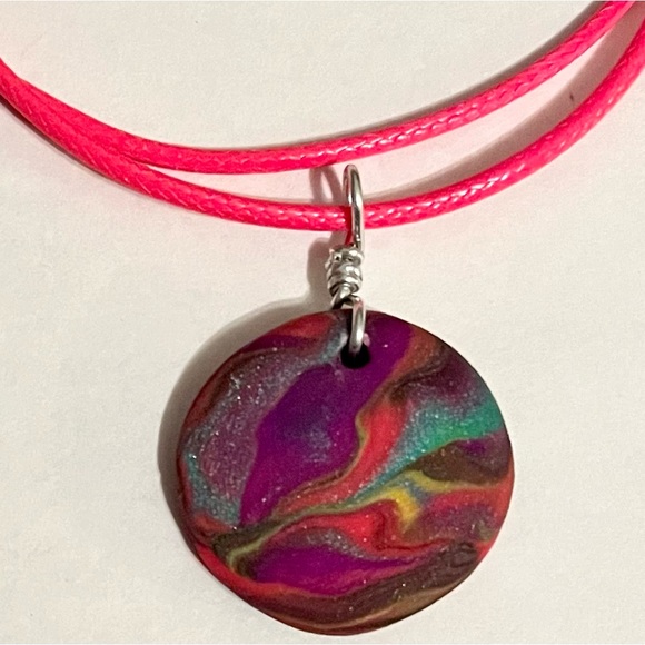 Handmade Reversible Clay Necklace Hot Pink Purple Blue One of a Kind - Picture 1 of 8